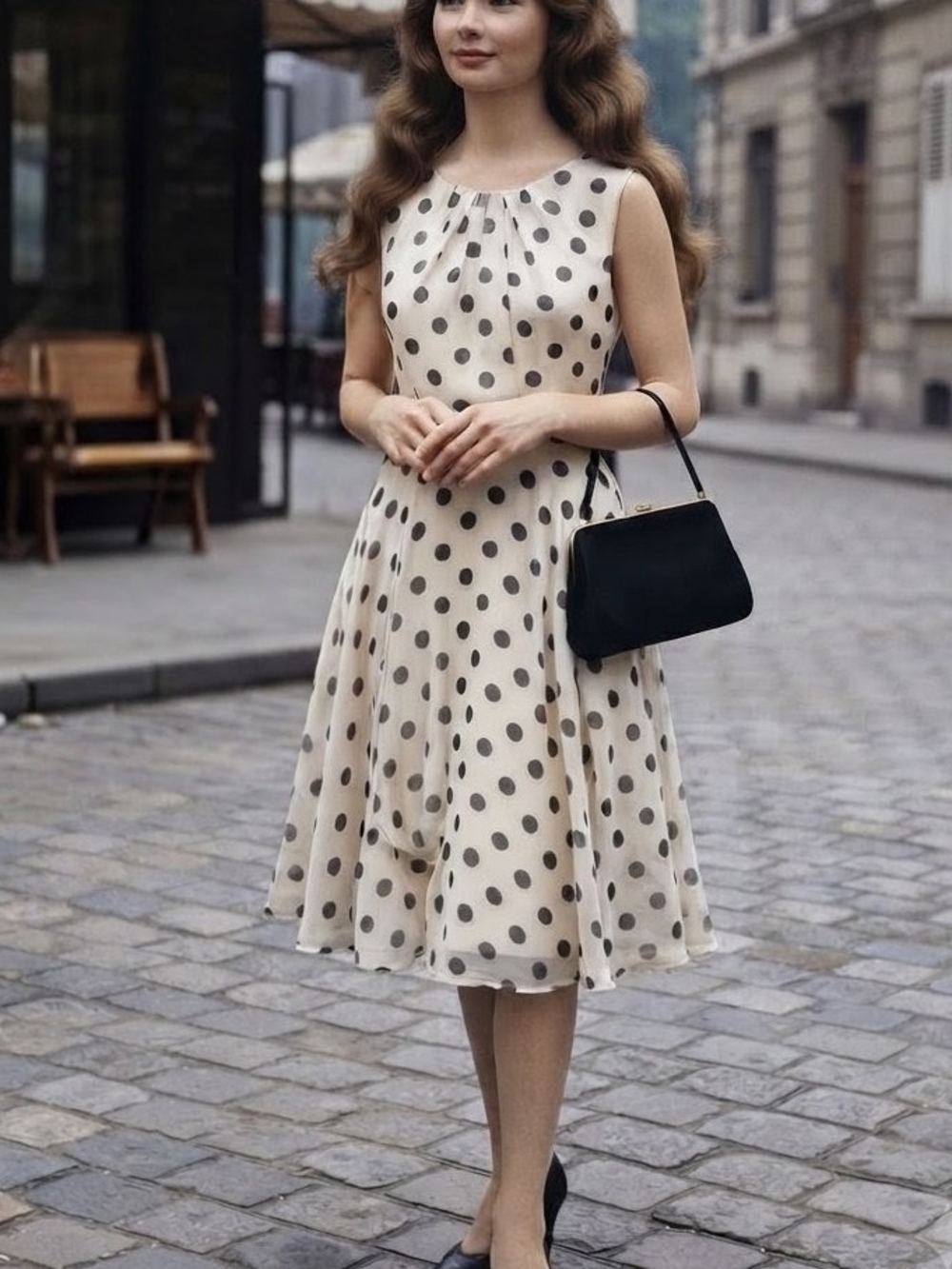 Classic Polka Dot Sleeveless A-Line Dress in Cream and Black       Minor Snag 💥